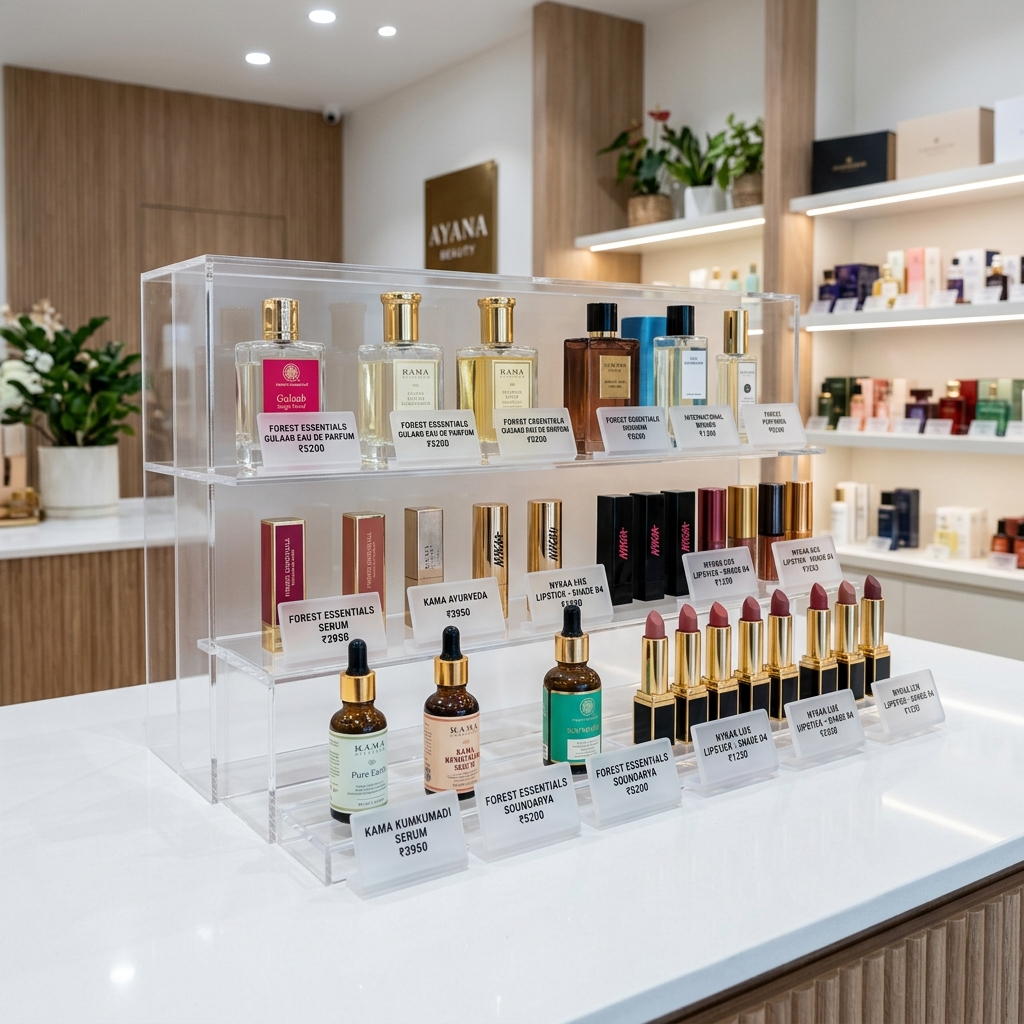 Custom acrylic cosmetic and perfume tiered display stand in a beauty store in Indore by Eish CNC Designs