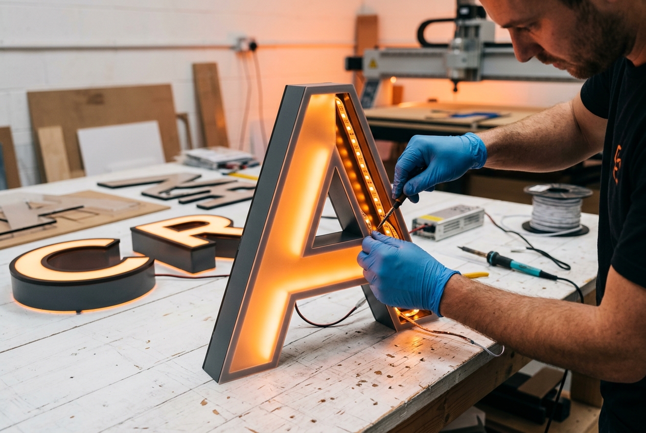 Acrylic LED channel letter being assembled with LED strip by Eish CNC Designs Indore