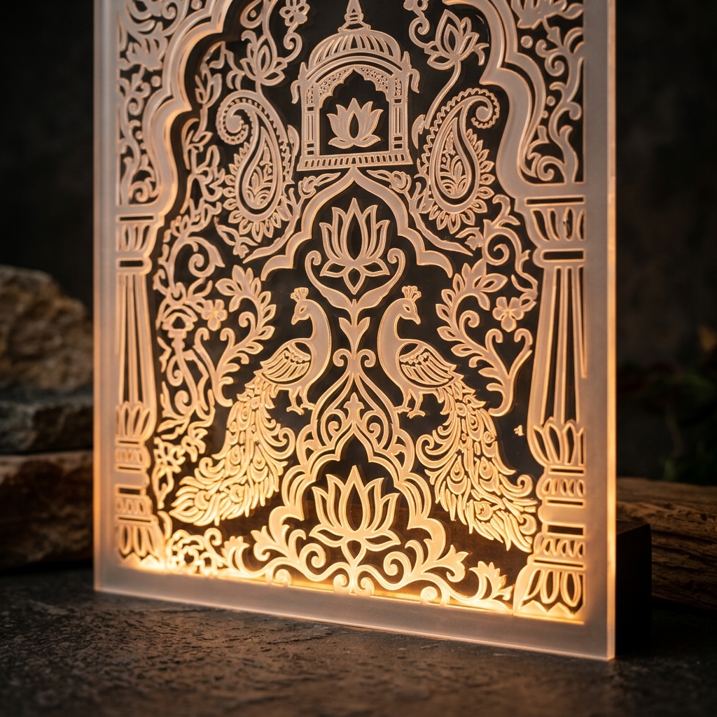 Close-up of laser-cut acrylic mandir backdrop panel with religious motifs by Eish CNC Designs Indore