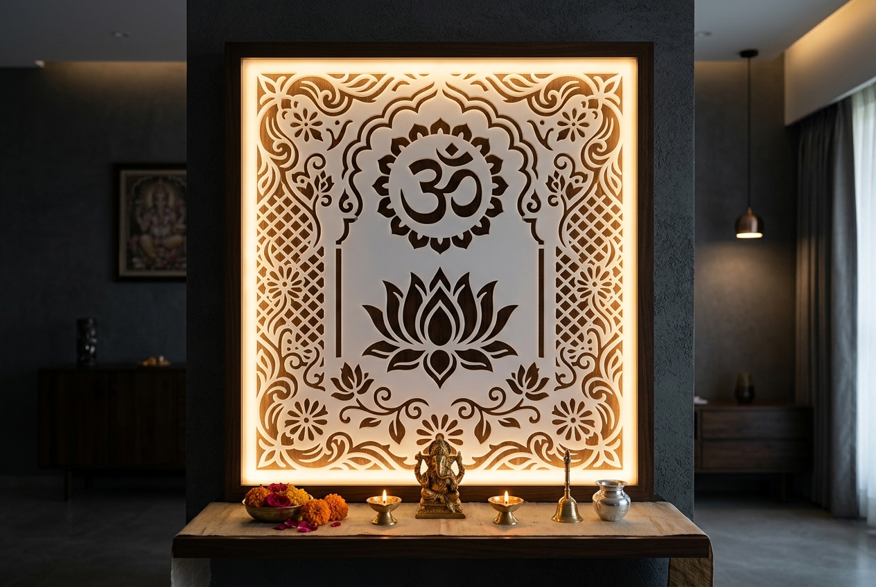 Custom laser-cut acrylic mandir panel with backlit Om and lotus design by Eish CNC Designs Indore