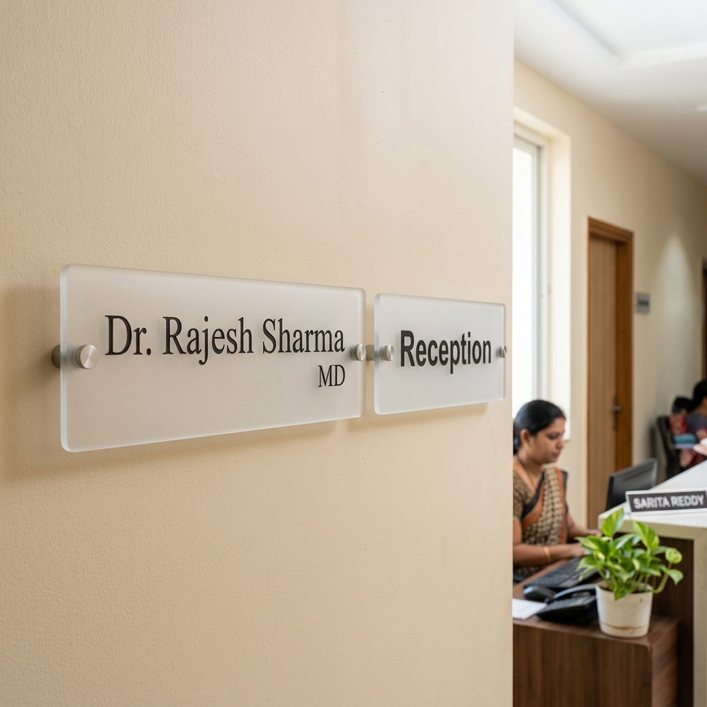 Frosted acrylic name plates mounted on clinic door and reception desk in Indore, laser-cut with engraved text by Eish CNC Designs