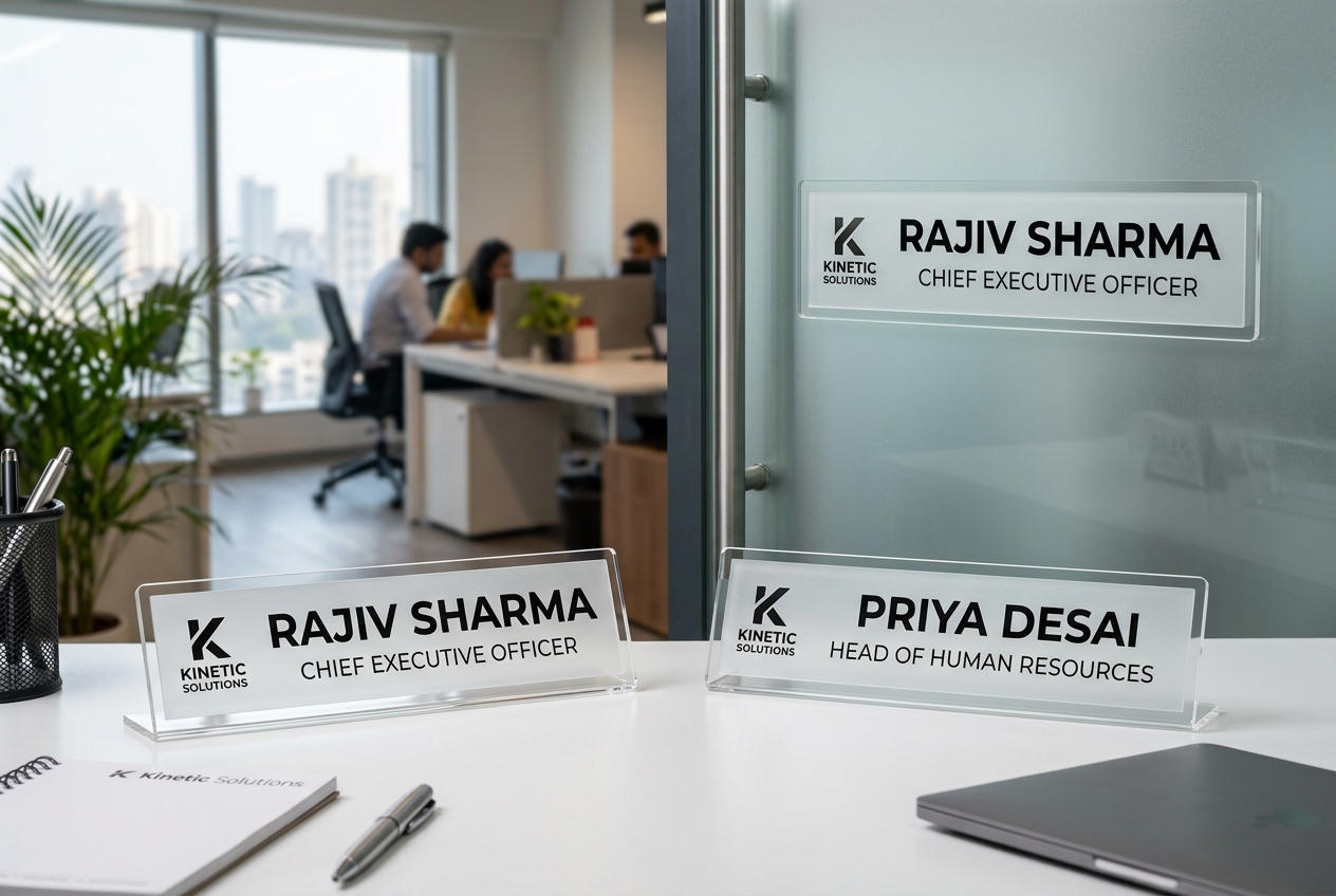 Custom laser-cut acrylic name plates for office and clinic in Indore, showing desk name plates and door signs by Eish CNC Designs