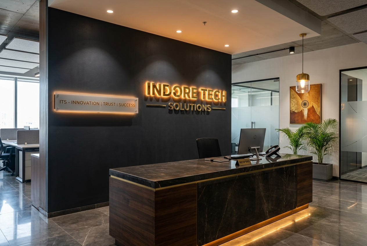 Custom laser-cut acrylic office branding installation with backlit company logo at a corporate office in Indore by Eish CNC Designs