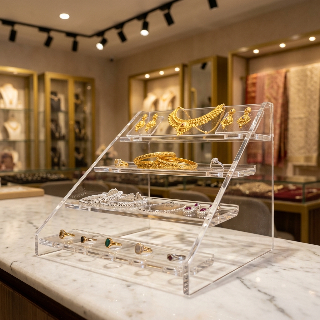 Tiered clear acrylic jewellery display stand on marble counter inside a showroom in Indore by Eish CNC Designs