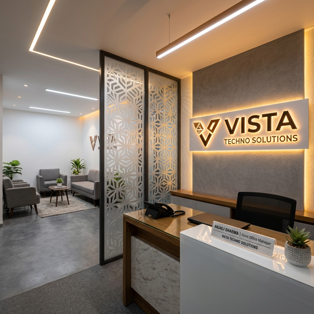 Acrylic office reception branding with frosted partition panels and backlit company logo, Eish CNC Designs Indore