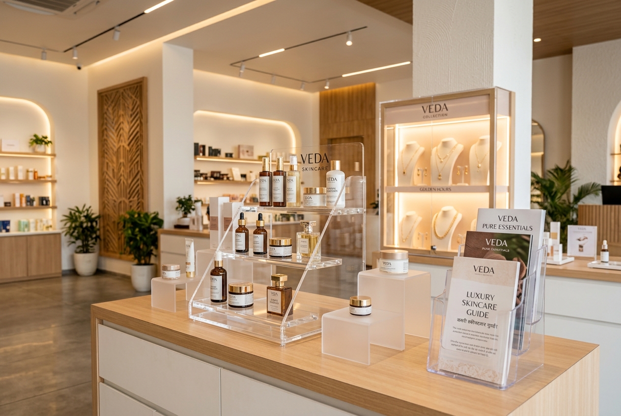 Custom laser-cut acrylic retail display stands and product risers inside a modern retail store in Indore by Eish CNC Designs