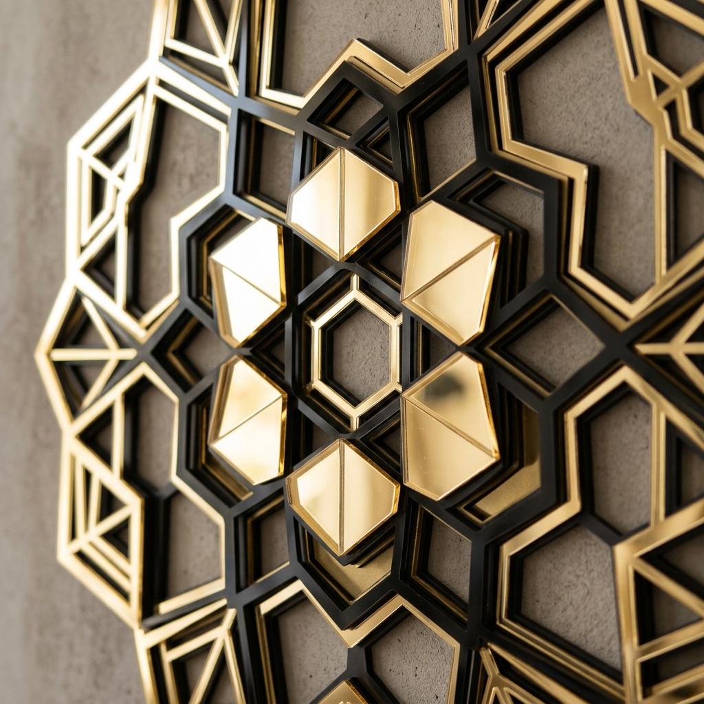 Close up showing precise polished edges of layered gold mirror and black acrylic wall decor manufactured in Indore