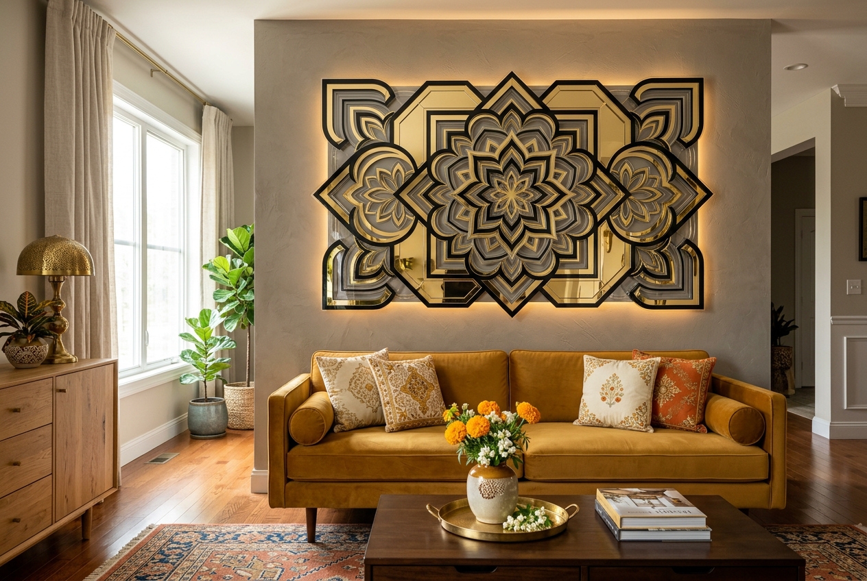 Premium custom laser cut acrylic wall decor in a modern Indian living room setting by Eish CNC Designs