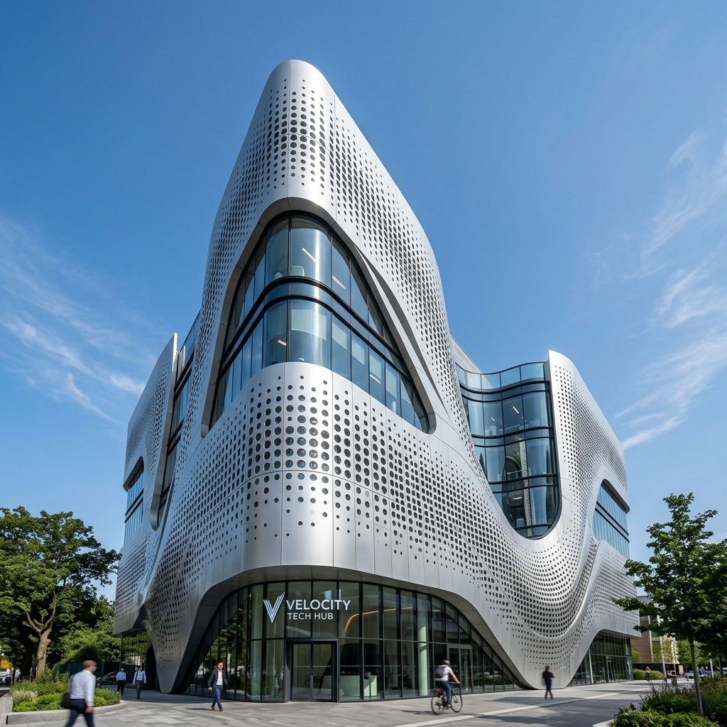 Commercial building featuring parametric organic perforated aluminum facade cladding