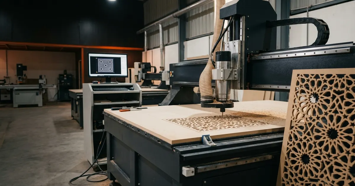 CNC cutting process shown by a CNC router cutting a jali pattern into an MDF sheet with dust extraction in an Indore workshop