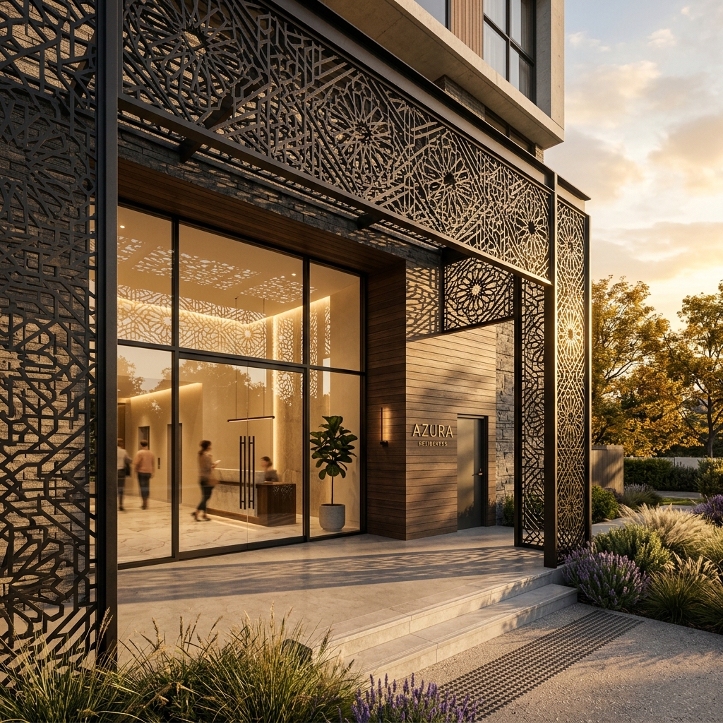 Modern building entrance featuring intricate black powder-coated metal jali screen