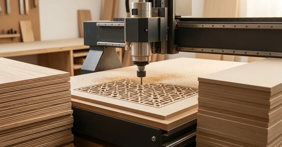 HDHMR vs plywood comparison with a CNC router cutting a jali pattern into HDHMR board beside stacked plywood sheets