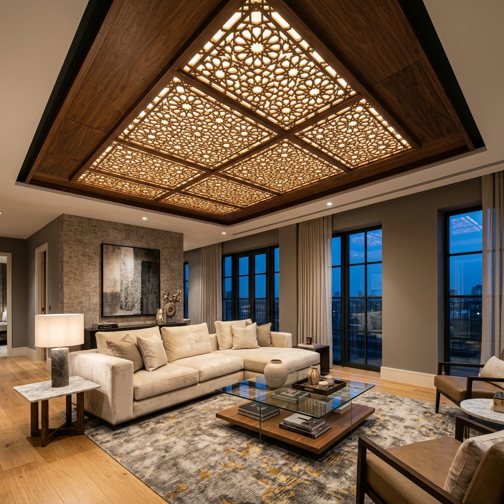 Modern MDF jali design for ceiling featuring a backlit CNC cut pattern