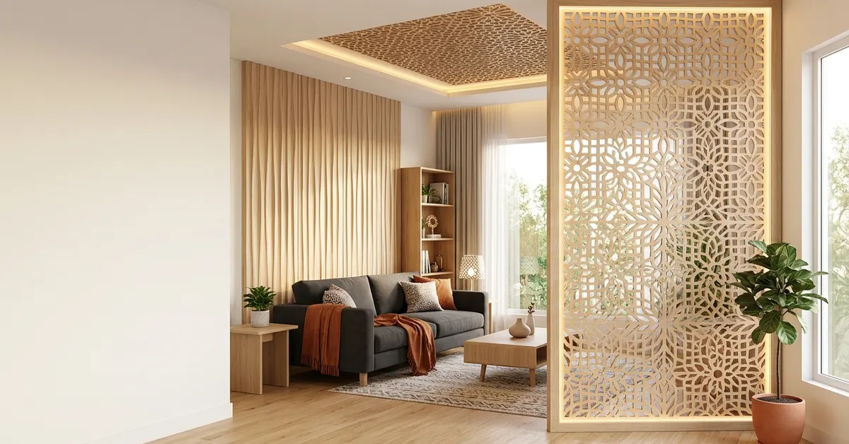 MDF CNC cutting designs in a modern living room with a backlit jali partition, 3D wave wall panel and decorative ceiling insert