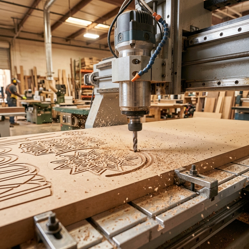 Industrial CNC router machine actively cutting intricate decorative patterns into an MDF board at Eish CNC Designs workshop in Indore