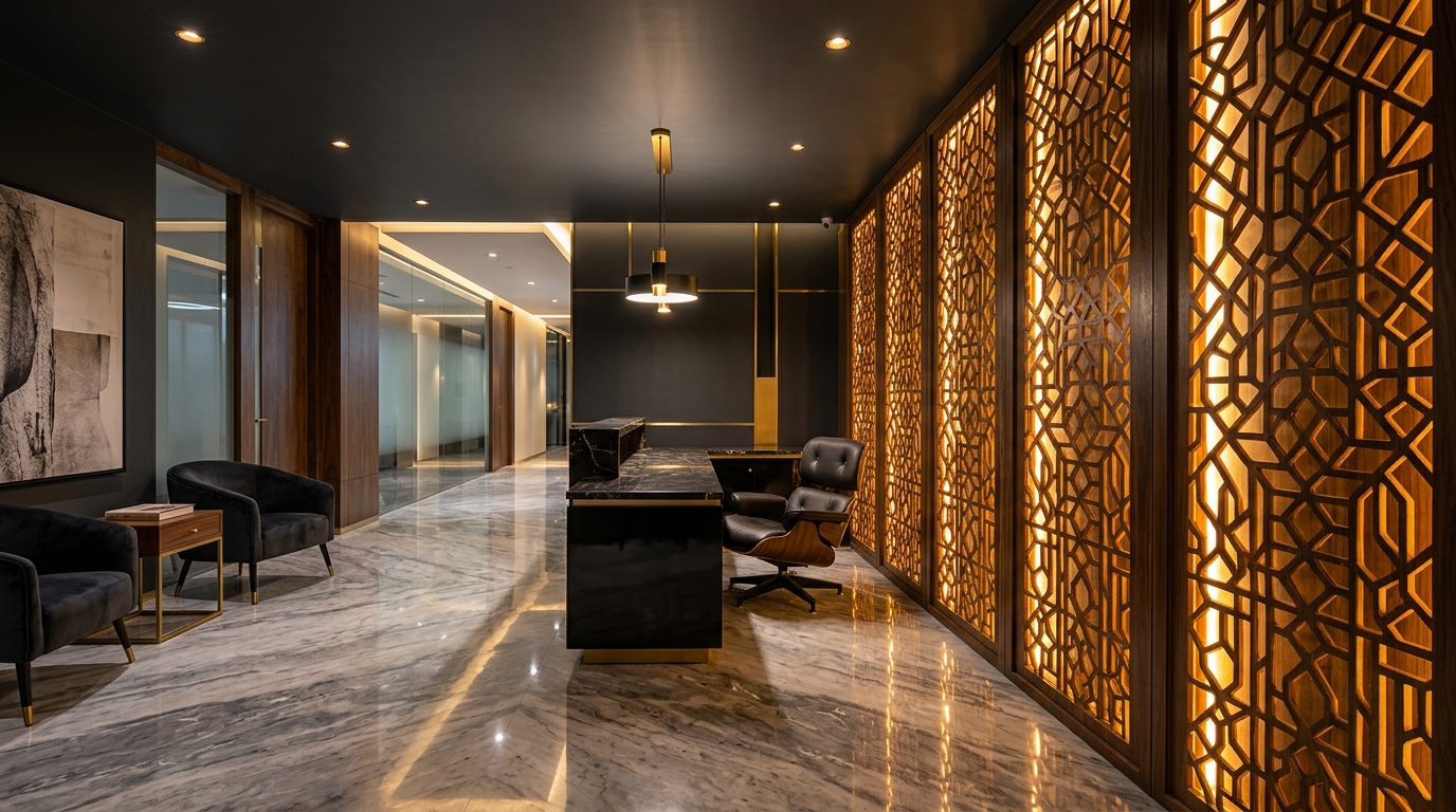 Best MDF jali design for office — backlit geometric MDF jali wall panel in a luxury corporate reception with marble flooring