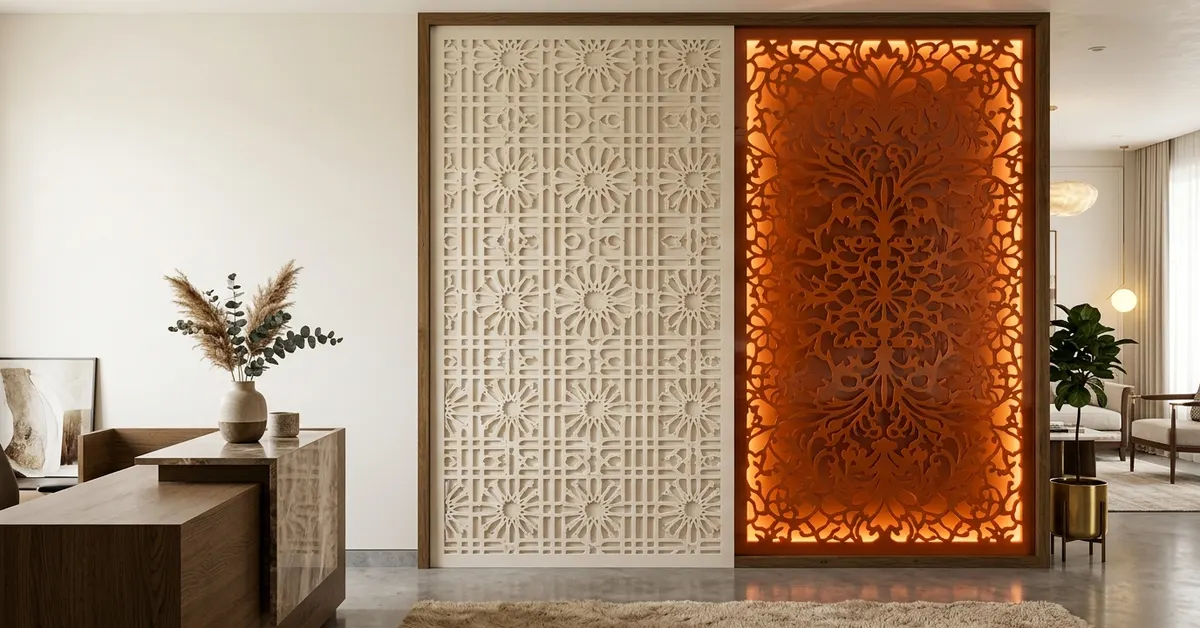 MDF vs Acrylic comparison with a carved MDF jali panel beside a backlit laser cut acrylic panel in a routed MDF frame