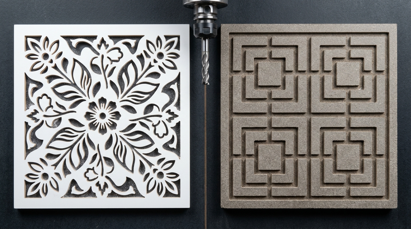 MDF vs WPC comparison showing CNC-cut floral jali in white MDF and geometric pattern in grey WPC board side by side