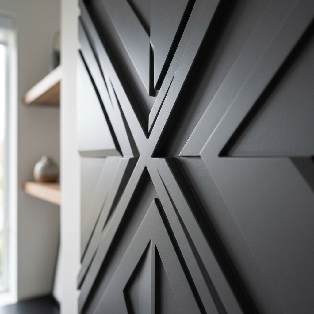 Close up showing precise CNC routed grooves and depth on a matte painted MDF wall panel manufactured in Indore