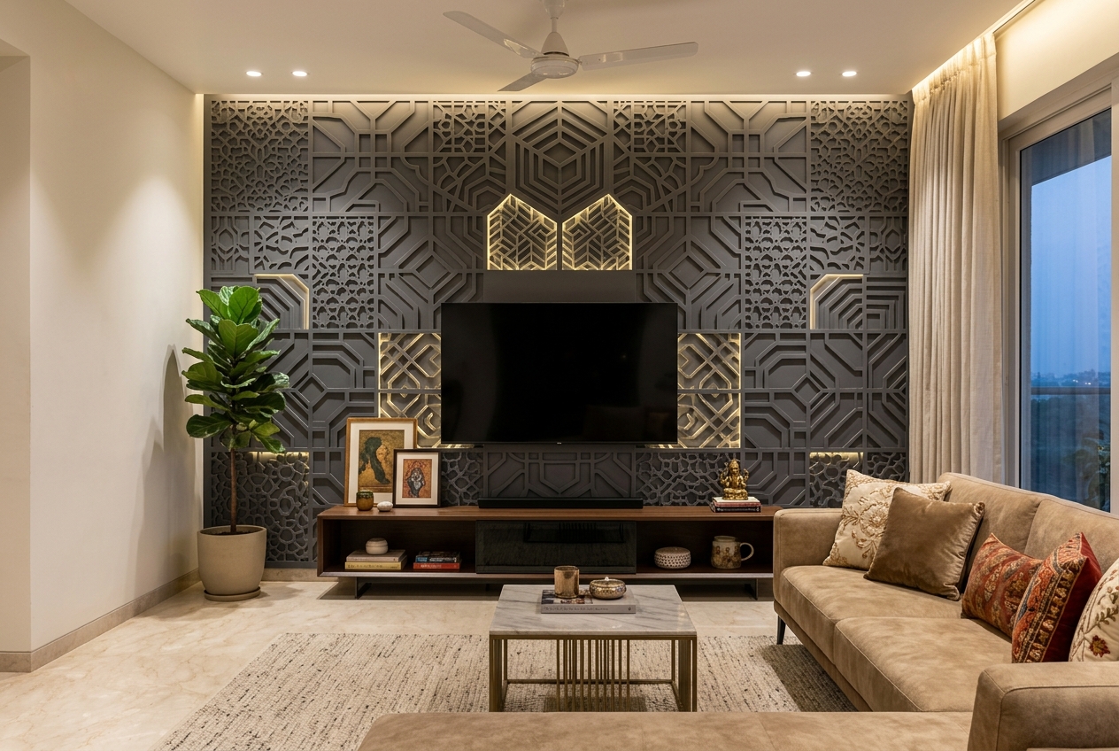 Premium custom CNC cut 3D MDF wall panel installation in a modern living room by Eish CNC Designs