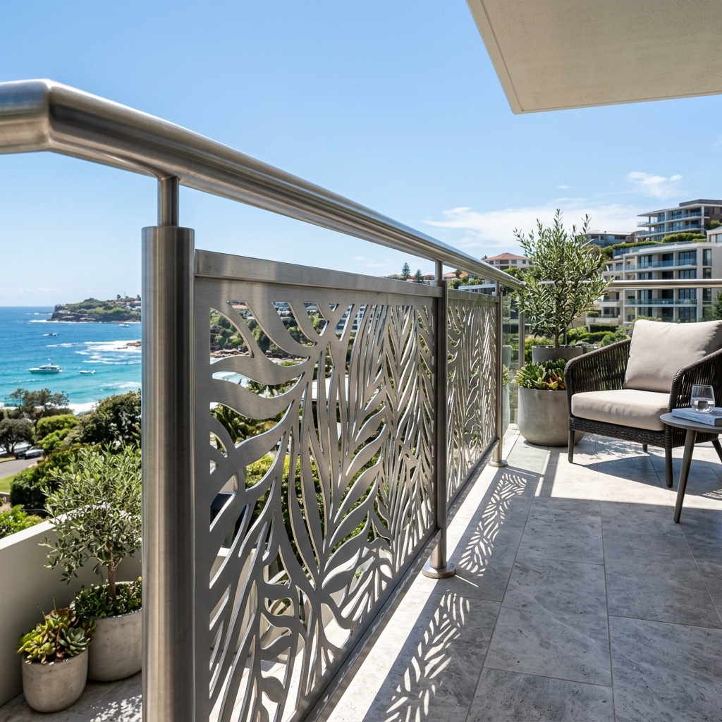 Modern luxury balcony with stainless steel laser-cut railing infill